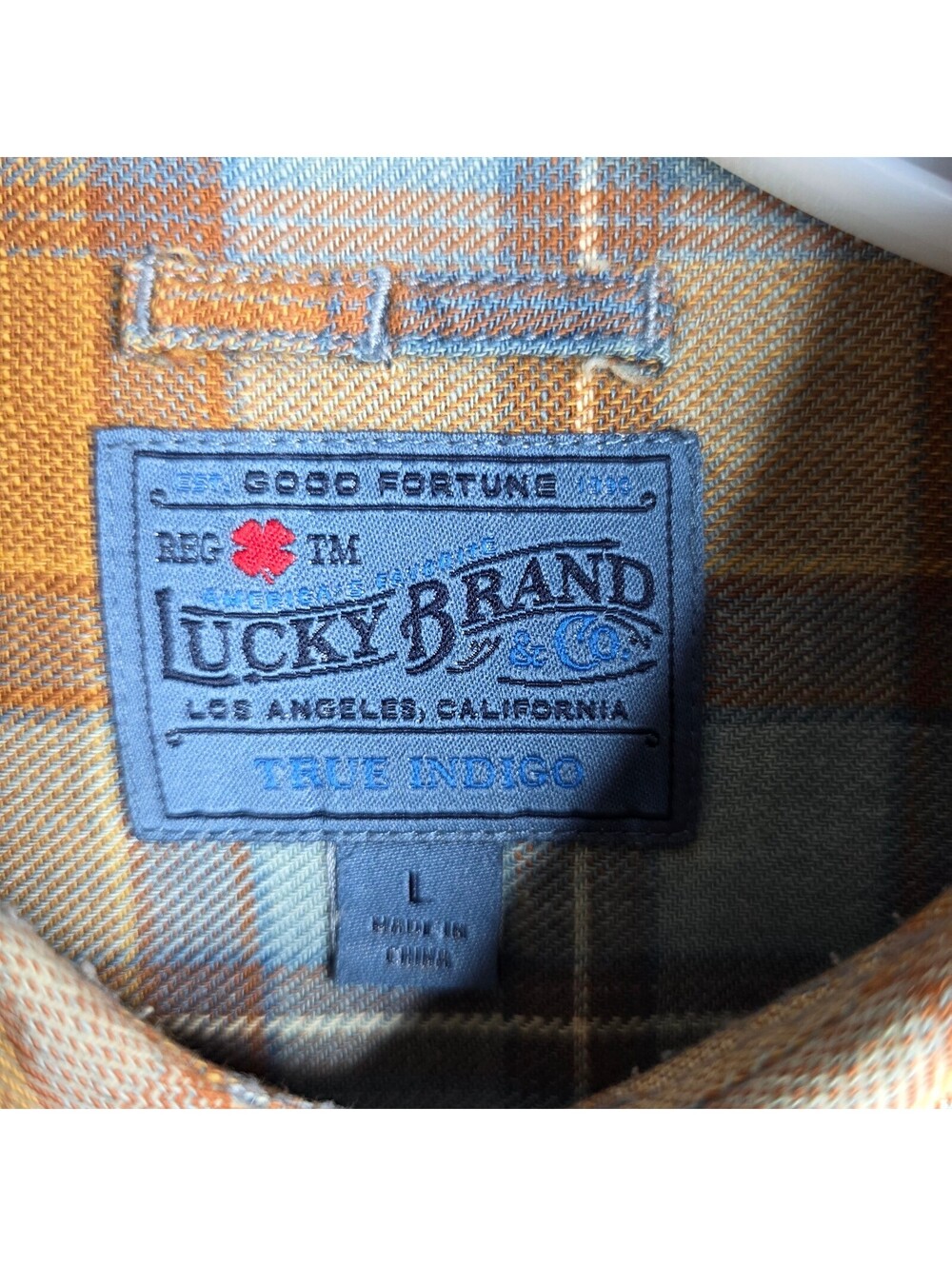 Lucky Brand men's long sleeve plaid flannel blue and mustard yellow  Sz Large. - Picture 2 of 8